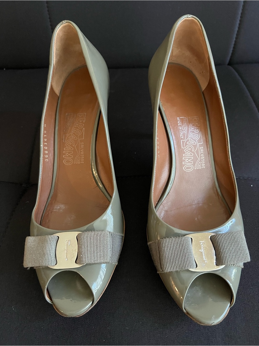 Salvatore Ferragamo Olive Patent Peep-Toe Pumps with Signature Bow